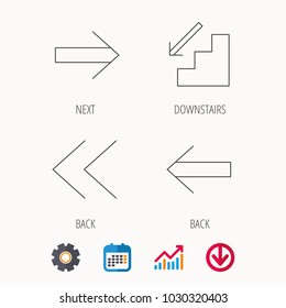 Arrows icons. Downstairs, next and back linear signs. Next, back arrows flat line icons. Calendar, Graph chart and Cogwheel signs. Download colored web icon. Vector