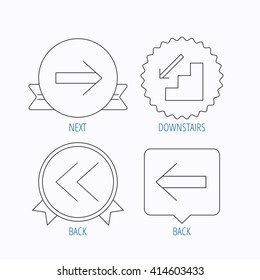 Arrows icons. Downstairs, next and back linear signs. Next, back arrows flat line icons. Award medal, star label and speech bubble designs. Vector