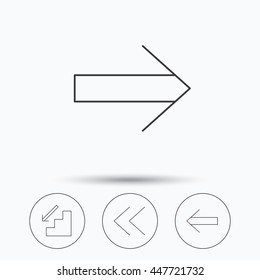 Arrows icons. Downstairs, next and back linear signs. Next, back arrows flat line icons. Linear icons in circle buttons. Flat web symbols. Vector