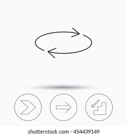 Arrows icons. Downstairs and repeat linear signs. Next arrow flat line icons. Linear icons in circle buttons. Flat web symbols. Vector