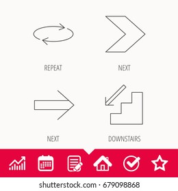 Arrows icons. Downstairs and repeat linear signs. Next arrow flat line icons. Edit document, Calendar and Graph chart signs. Star, Check and House web icons. Vector