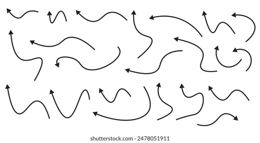Conjunto editable de Vector dibujado a mano de iconos de flechas. Dibujo de flecha hecho a mano doodle deslizar hacia arriba símbolo de signo aislado sobre fondo blanco. Vector de logotipo simple