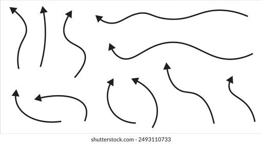 Pfeile Symbole Hand gezeichnete Vektorgrafik editierbare Set. Pfeilskizze handgemachte Doodle Wischen Sie nach oben Symbolzeichen auf weißem Hintergrund isoliert. Einfache Logo-Vektorgrafik eps10 