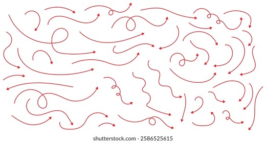 Arrows icons hand drawn vector editable set. Arrow sketch handmade doodle swipe up symbol sign isolated on white background. Curved arrows. Set of Red hand drawn arrows.
