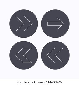 Arrows icons. Left, right direction linear signs. Next, back arrows flat line icons. Flat icons in circle buttons on white background. Vector