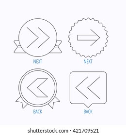 Arrows icons. Left, right direction linear signs. Next, back arrows flat line icons. Award medal, star label and speech bubble designs. Vector
