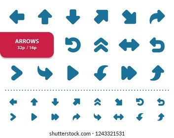 Arrows Icons. Professional, pixel perfect icons, EPS 10 format, optimized for 32p and 16p (2x magnification for preview).