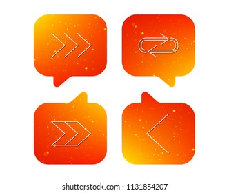 Arrows icons. Right direction, repeat linear signs. Next, back arrows flat line icons. Orange Speech bubbles with icons set. Soft color gradient chat symbols. Vector