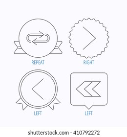 Arrows icons. Right direction, repeat linear signs. Next, back arrows flat line icons. Award medal, star label and speech bubble designs. Vector