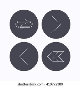 Arrows icons. Right direction, repeat linear signs. Next, back arrows flat line icons. Flat icons in circle buttons on white background. Vector
