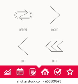 Arrows icons. Right direction, repeat linear signs. Next, back arrows flat line icons. Edit document, Calendar and Graph chart signs. Star, Check and House web icons. Vector