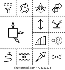 Arrows icons. set of 13 editable outline arrows icons such as arrow, reload, angle, watering system, curved arrow, arrow bow