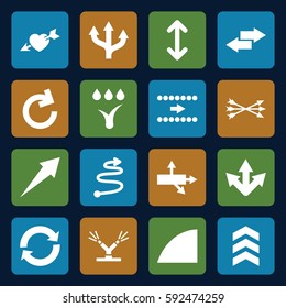 arrows icons set. Set of 16 arrows filled icons such as heart with arrow, angle, watering system, arrow