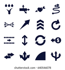 Arrows icons set. set of 16 arrows filled icons such as heart with arrow, angle, watering system, arrow, reload