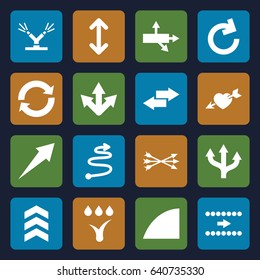 Arrows icons set. set of 16 arrows filled icons such as heart with arrow, angle, watering system, arrow
