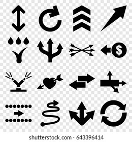 Arrows icons set. set of 16 arrows filled icons such as heart with arrow, watering system, reload