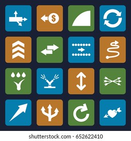Arrows icons set. set of 16 arrows filled icons such as heart with arrow, angle, watering system, arrow, reload