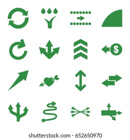Arrows icons set. set of 16 arrows filled icons such as heart with arrow, angle, watering system, arrow, reload