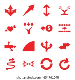 Arrows icons set. set of 16 arrows filled icons such as heart with arrow, angle, watering system, arrow, reload