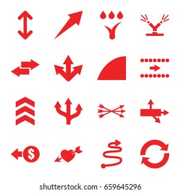Arrows icons set. set of 16 arrows filled icons such as heart with arrow, angle, watering system, arrow, reload