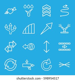 arrows icons set. Set of 16 arrows outline icons such as heart with arrow, angle, watering system, arrow, coin