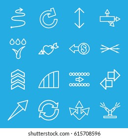 Arrows icons set. set of 16 arrows outline icons such as heart with arrow, angle, watering system, arrow, coin