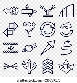 Arrows icons set. set of 16 arrows outline icons such as heart with arrow, angle, watering system, curved arrow, coin