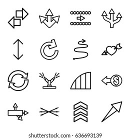 Arrows icons set. set of 16 arrows outline icons such as heart with arrow, angle, watering system, arrow, coin