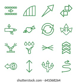 Arrows icons set. set of 16 arrows outline icons such as heart with arrow, angle, watering system, arrow, coin