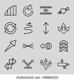 Arrows icons set. set of 16 arrows outline icons such as heart with arrow, angle, watering system, arrow, coin