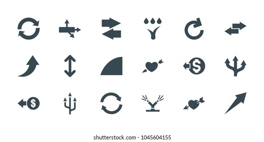 Arrows icons. set of 18 editable filled arrows icons: coin, arrow, heart with arrow, reload, angle