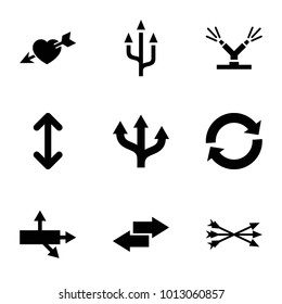 Arrows icons. set of 9 editable filled arrows icons such as arrow, heart with arrow, reload, watering system