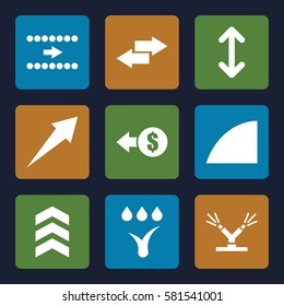 arrows icons set. Set of 9 arrows filled icons such as angle, watering system, arrow