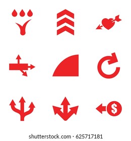 Arrows icons set. set of 9 arrows filled icons such as heart with arrow, angle, watering system, arrow, coin