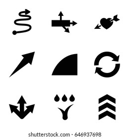 Arrows icons set. set of 9 arrows filled icons such as heart with arrow, angle, watering system, curved arrow, arrow