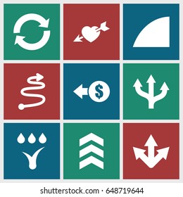 Arrows icons set. set of 9 arrows filled icons such as heart with arrow, angle, watering system, curved arrow, arrow, reload