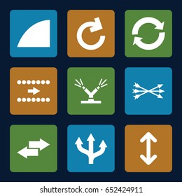 Arrows icons set. set of 9 arrows filled icons such as angle, watering system, arrow, arrow bow