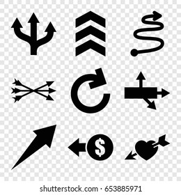 Arrows icons set. set of 9 arrows filled icons such as heart with arrow, curved arrow, coin