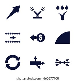 Arrows icons set. set of 9 arrows filled icons such as angle, watering system, arrow bow, reload, arrow