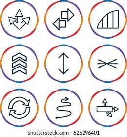 Arrows icons set. set of 9 arrows outline icons such as angle, arrow, curved arrow, arrow bow