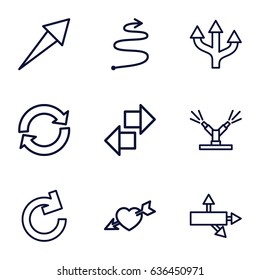 Arrows icons set. set of 9 arrows outline icons such as heart with arrow, watering system, curved arrow, arrow