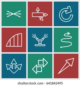 Arrows icons set. set of 9 arrows outline icons such as angle, watering system, curved arrow, arrow bow, arrow