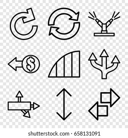 Arrows icons set. set of 9 arrows outline icons such as angle, watering system, arrow, coin