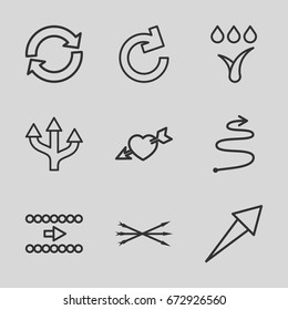 Arrows icons set. set of 9 arrows outline icons such as heart with arrow, watering system, curved arrow