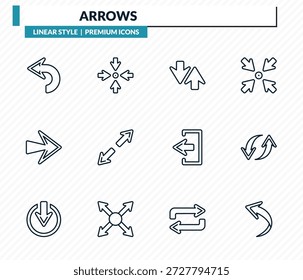 arrows icons set - backward arrow, focus, sort, spin, curved arrow outline vector collection.