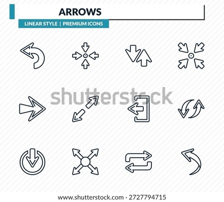 arrows icons set - backward arrow, focus, sort, spin, curved arrow outline vector collection.