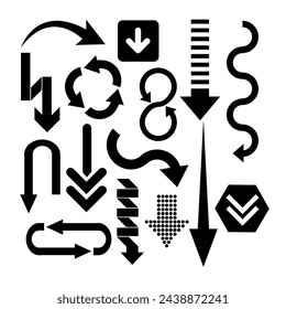 Arrows icons set. Black arrows on a white background. Different shapes. Multipurpose uses.