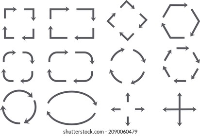 Arrows icons set in a circle. Collection of black cursors. Pointer down, up, left to right. Simple signs, different shapes.
Flat design. Isolated over white background. Vector image