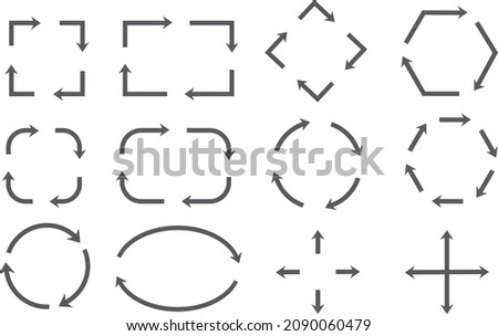 Arrows icons set in a circle. Collection of black cursors. Pointer down, up, left to right. Simple signs, different shapes.
Flat design. Isolated over white background. Vector image