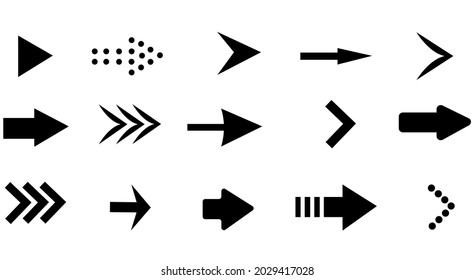 Arrows icons set. Collection of black pointers and cursors. Go down, up, left to right. Simple signs, flat design.Isolated on white background. Vector image
